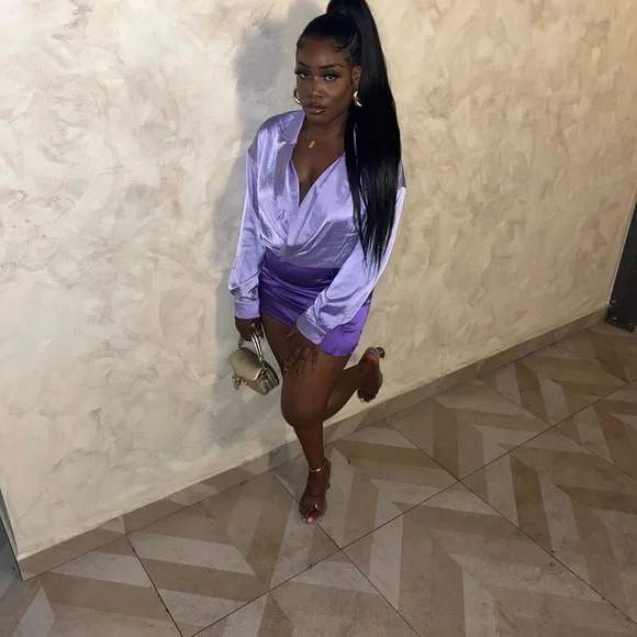 Stylish Purple lavender color block Satin-feel long sleeve Dress - Picture 4 of 7